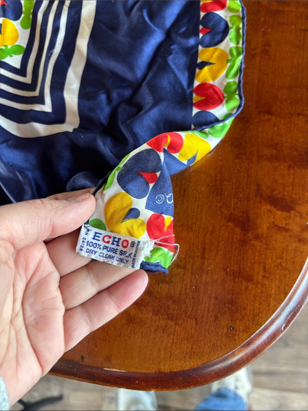 Echo Navy Silk Scarf with Multicolor Heart /flower Border - Picture 3 of 4
